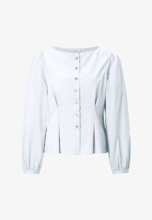 Hele sinine pluus, millel on ümar kaelus, pikad puhvvarrukad ja ees metallnuppudega suletav nööpide rida ning istuva lõikega.