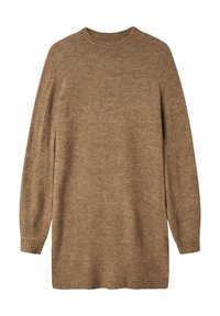 Pull en maille marron clair à manches longues avec col rond côtelé, poignets et ourlet, présenté sur fond blanc.