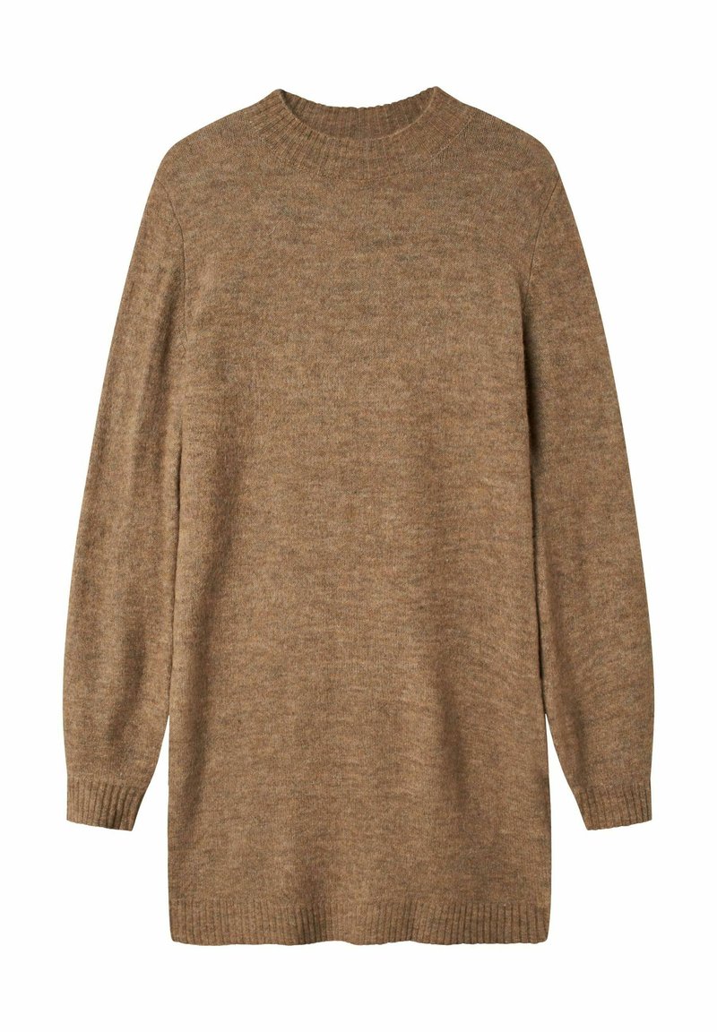 Pull en maille marron clair à manches longues avec col rond côtelé, poignets et ourlet, présenté sur fond blanc.
