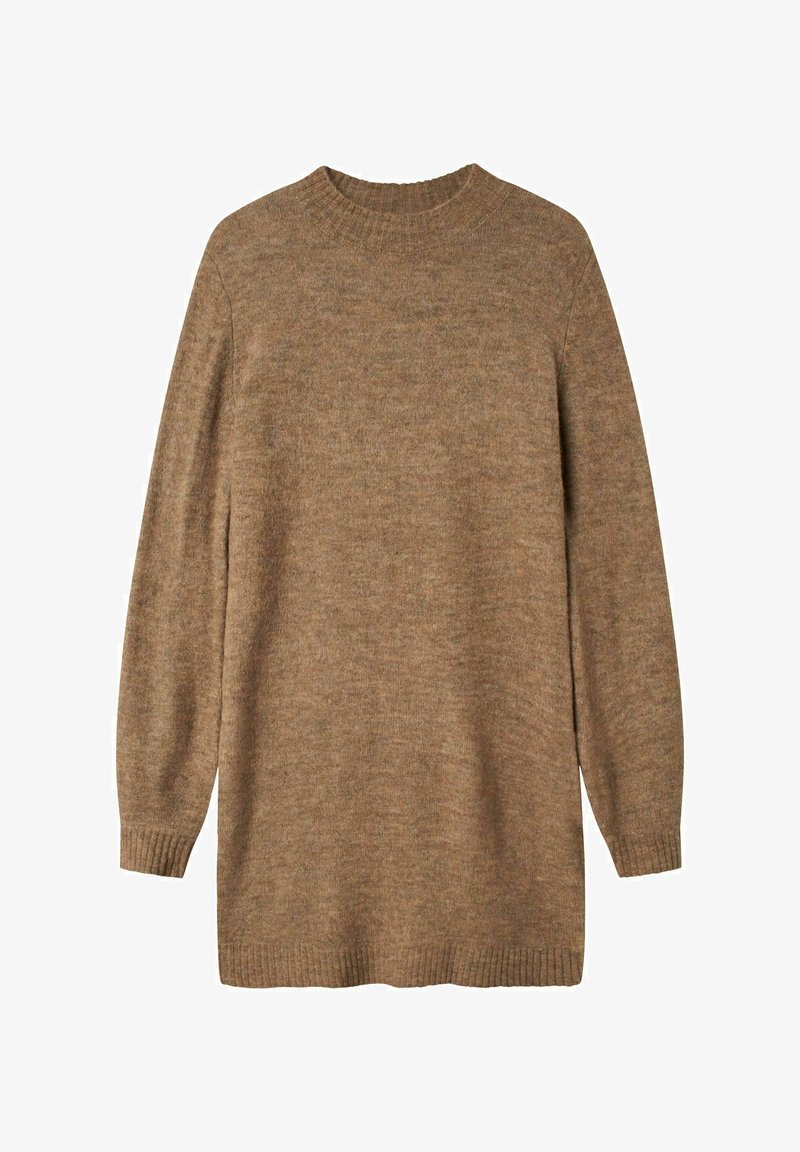 Maglione a maniche lunghe di colore marrone chiaro, lavorato a maglia, con collo a girocollo, polsini e orlo a coste, esposto su uno sfondo bianco.