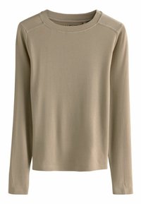 Cămașă cu mânecă lungă dintr-un material ribbed de culoare bej deschis, cu decolteu rotund și tiv drept. Prezintă un design minimalist, fără accente suplimentare.