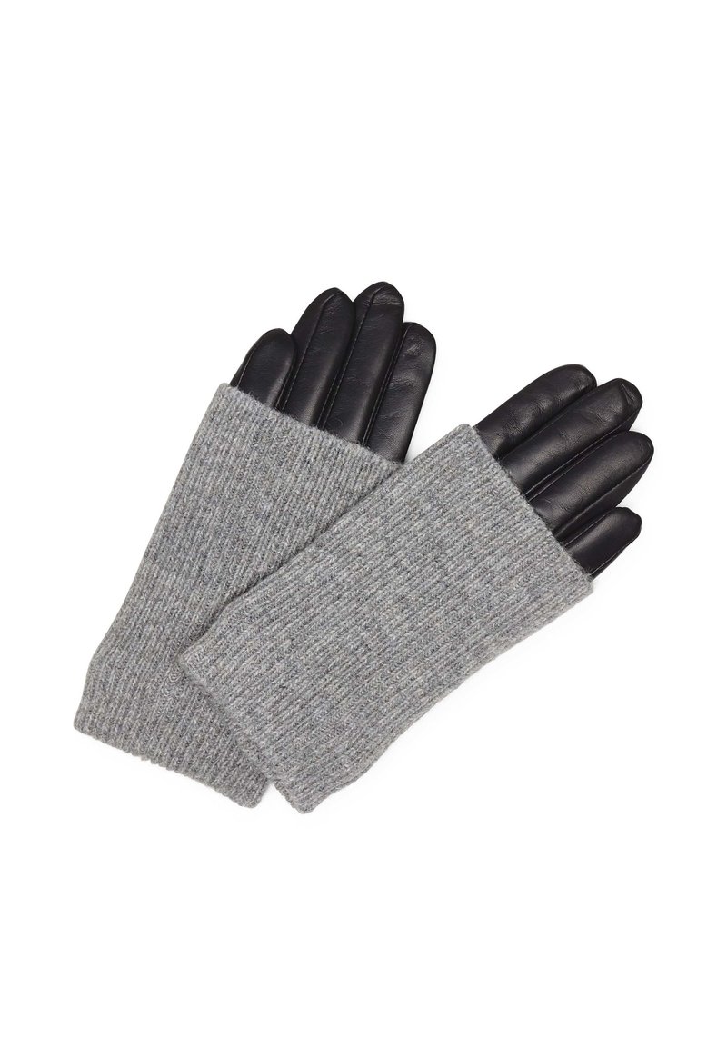 Grå ribbet strik fingreløse handsker med sorte læder fingerspidser, der viser kontrasterende teksturer og et tætsiddende design for varme.