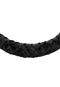 Cintura in pelle intrecciata nera con superficie testurizzata e modello di tessitura uniforme. Le estremità sono rifinite in modo ordinato senza hardware visibile.