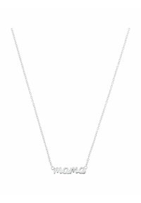 Collana d'argento con una delicatezza della catena, caratterizzata da un pendente in corsivo "mama". Finitura liscia, design leggero e curve eleganti e sottili.