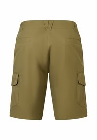 Cargo-Shorts in Olivgrün. Hergestellt aus glattem, leichtem Stoff. Verfügt über zwei seitliche Cargo-Taschen und zwei Gesäßtaschen.