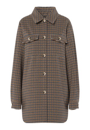 Cappotto marrone e blu a motivo pied de poule, maniche lunghe, con chiusura frontale a bottoni e tasche con patta sul petto.