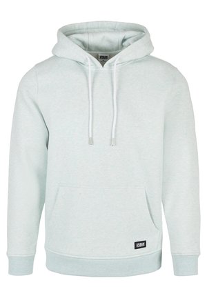Gaiši zils hoodie, kas izgatavots no mīksta auduma, ar priekšējo kabatu, kapuci ar auklu un ribotu aproču. Tam ir neliels logo tagi apak šmalā.