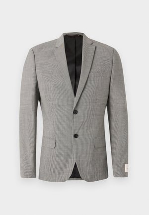 Grijs herensblazer met subtiel ruitpatroon, twee klepzakken aan de voorkant, twee zwarte knopen, inkeping revers en zwarte binnenvoering.