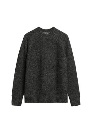 Donkergrijze gebreide trui met een ronde hals, raglanmouwen en geribbelde manchetten. Gelaagd patroon met minimale accentdetails.