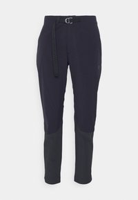 Mørkeblå utendørsbukser laget av lett materiale, med belte, lommer og kontrasterende mørkegrå knepaneler for økt holdbarhet.