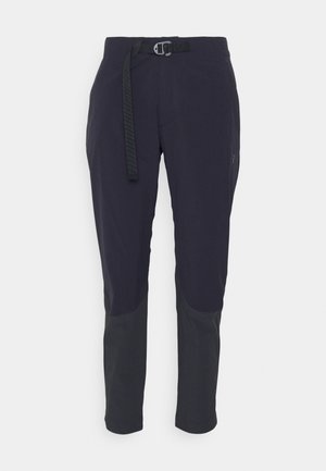 Pantaloni da esterno di un blu navy scuro, realizzati in tessuto leggero, dotati di cintura, tasche e pannelli sulle ginocchia di un grigio scuro a contrasto per una maggiore durata.