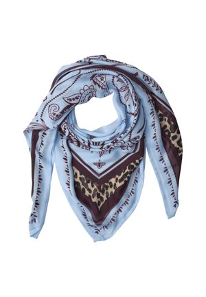 Écharpe bleu clair avec des motifs paisley et floraux marron foncé et une bordure imprimé léopard, pliée en spirale lâche.