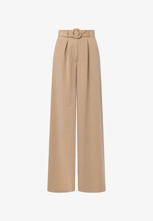 Béžové nohavice so širokými nohavicami a opaskom so syntetickou prackou. Vyrobené z textúrovanej látky s prednými záhybmi a prispôsobeným strihom.