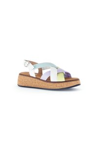 Sandal with a cork platform, featuring interwoven straps in white, light blue, lavender, and lime green. Adjustable buckle at the heel.