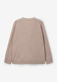 Pull en tricot beige avec un col rond simple, de longues manches raglan, des poignets et un ourlet côtelés, et une texture douce.