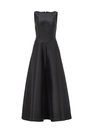 Rochie din satin negru cu un corset ajustat, design fără mânecă, fustă evazată și un fermoar discret la spate. Textură netedă și culoare solidă.