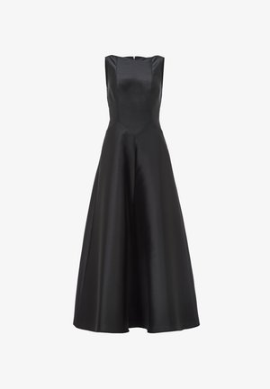 Black satin dress with a fitted bodice, sleeveless design, flared skirt, and a discreet back zipper. Smooth texture and solid color.