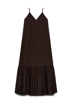 Dunkelbraunes ärmelloses Maxikleid mit dünnen Trägern, V-Ausschnitt und einem gerafften Volant-Saum.