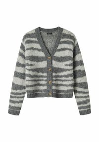 Pilkas ir baltas dryžuotas kardiganas, pagamintas iš tekstūrinio trikotažo, su V formos iškirpte, ilgomis rankovėmis ir mediniais mygtukais.