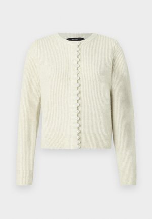 Kremowy prążkowany kardigan z długimi rękawami, okrągłym dekoltem, zapinany z przodu na guziki ozdobione perełkowymi detalami wzdłuż listwy.