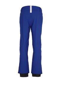 Blue ski pants made from a durable, stretchy fabric. Features a white vertical stripe at the waist and a black cuff at the bottom.