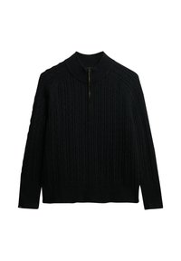 Pull noir en maille torsadée avec manches longues et col à demi-fermeture éclair, comprenant des poignets et un ourlet côtelés.