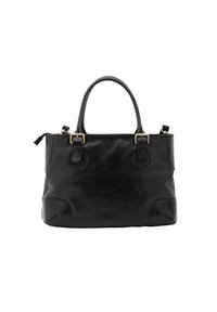 Borsa a mano in pelle nera con due manici superiori, dettagli in hardware dorato e forma strutturata. Presenta una chiusura con zip e tasche laterali.