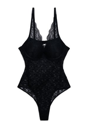 Body in pizzo nero con coppe con ferretto, spalline smerlate e motivo floreale, progettato per un look aderente ed elegante.