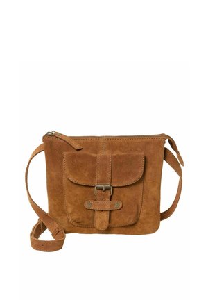 Braune Wildleder-Umhängetasche mit Vorderfach, Klappverschluss und Metall-Schnallen-Detail. Verstellbarer Riemen und Reißverschluss oben.