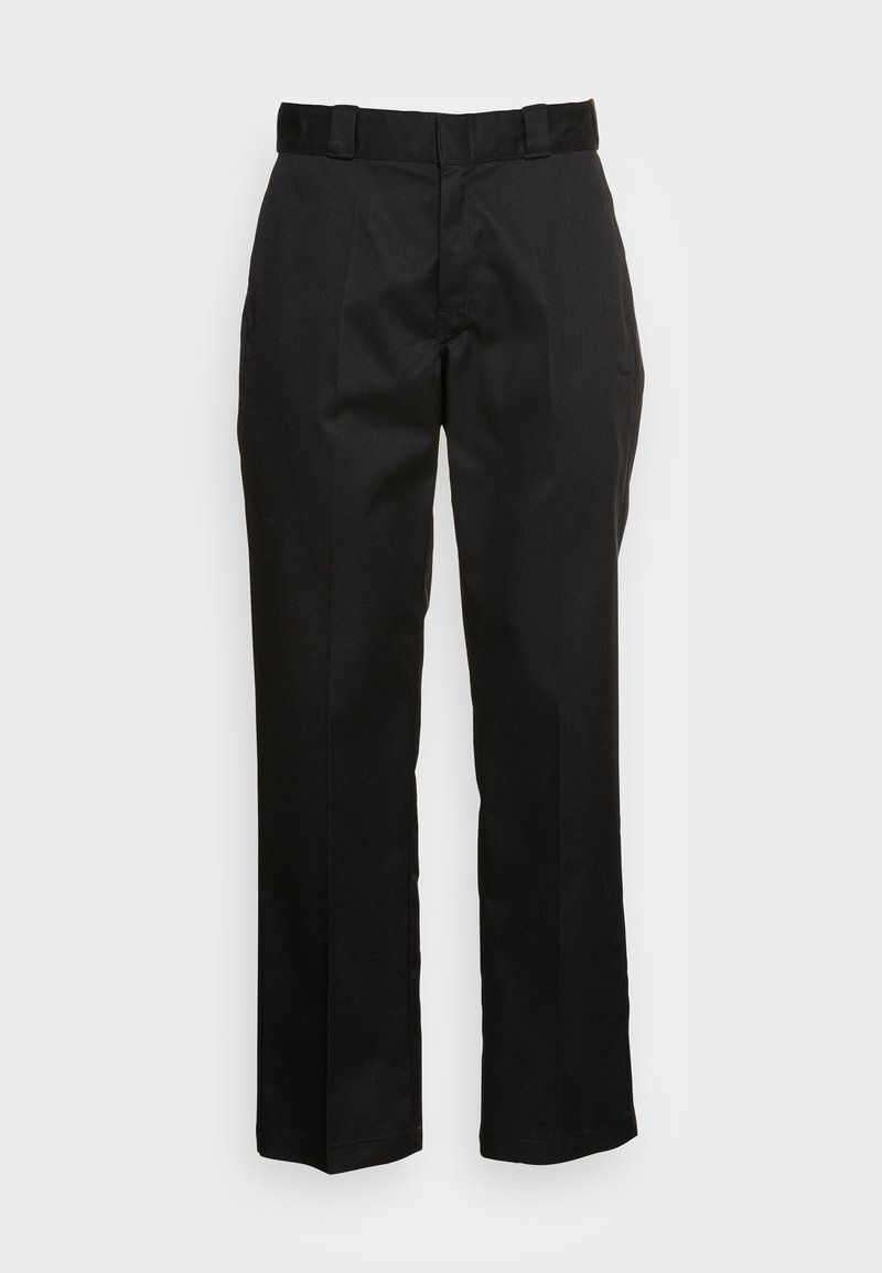 Black trousers made from a smooth fabric, featuring a straight leg design, belt loops, and two side pockets. Classic look without embellishments.
