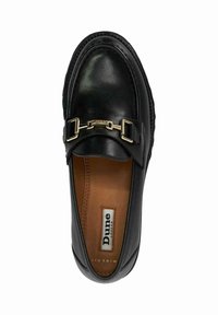 Zwarte leren instapper met gouden metalen gespdetail bovenop en bruine gewatteerde inlegzool met het label "Dune London" en "Wide Fit."