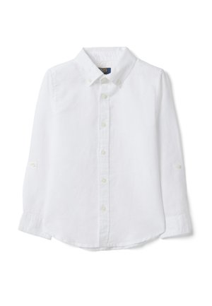 Wit overhemd met lange mouwen, knopen, een kraag, knopen aan de manchetten en knopen op de mouwen om ze op te rollen.