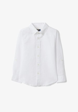 Wit overhemd met lange mouwen, knopen, een kraag, knopen aan de manchetten en knopen op de mouwen om ze op te rollen.