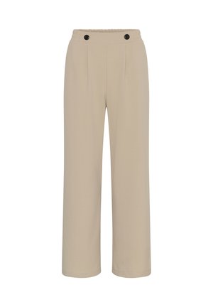 Pantalon beige à jambes larges avec taille élastique, plis sur le devant et deux boutons noirs en haut à l'avant.