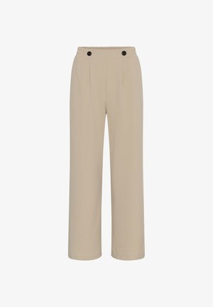 Pantalon beige à jambes larges avec taille élastique, plis sur le devant et deux boutons noirs en haut à l'avant.