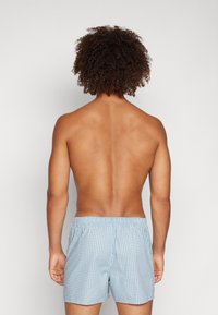 Shorts de baie de culoare albastru deschis cu un model în carouri alb, talie elastică și o croială lejeră. Au o textură fină și o lungime medie.