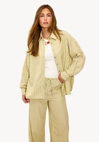 Conjunto de ropa de casa a rayas que presenta un color verde claro con rayas crema, tejido suave, corte holgado, camisa de botones y pantalones con cordón.