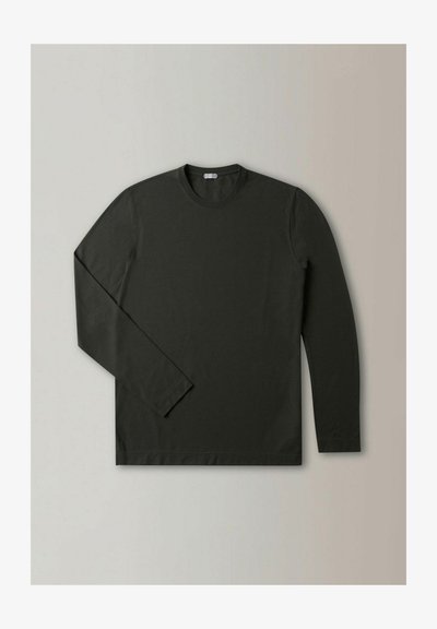 Camiseta de manga larga en verde oscuro, hecha de algodón, con un cuello redondo y dobladillo recto. Textura suave sin patrones visibles.