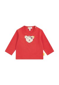 Rotes Langarmshirt aus Baumwolle mit einem gestickten Bärenkopf und Sternen. Mit Druckknopfverschluss an der Schulter.