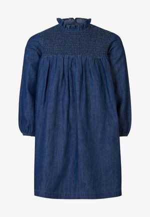 Robe longue bleu foncé à manches longues avec empiècement froncé, jupe plissée, col montant à volants et poignets élastiques.