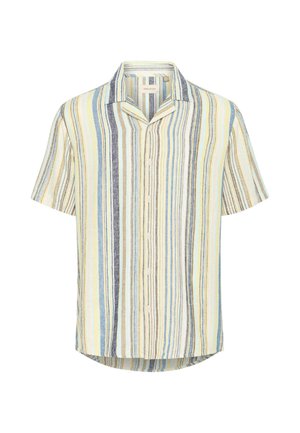 Lühikeste varrukatega nööpidega särk kollaste, siniste ja pruunide vertikaalsete triipudega, millel on klassikaline krae ja kumer allaosa.