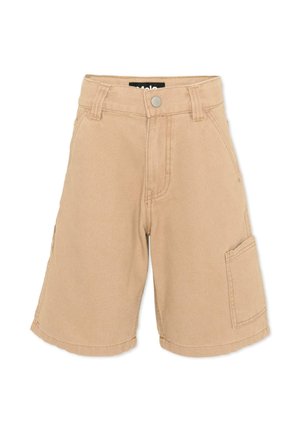 Pantaloncini beige alla ginocchia con chiusura a bottone, passanti per cintura, tasche anteriori e una tasca applicata sul lato della gamba destra.