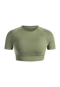 Groene cropped top van een gladde stof, met korte mouwen en een ronde halslijn, afgewerkt met ribbelobby en contrasterende stikdetails.