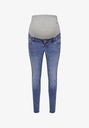 Grūtnieču džinsi vidējas mazgāšanas tumšā džinsa audumā ar elastīgu pelēku jostasvietu. Šauri pieguļoši, ar sašaurinātām kājām un nelielu nodiluma efektu pie kabatām.