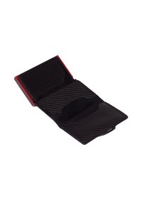 Black carbon fiber wallet with red accents, featuring an open design, multiple card slots, and a smooth, textured interior.