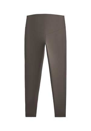 Leggings gris foncé taille haute longueur intégrale avec un design lisse et ajusté, sans motifs ni logos visibles.