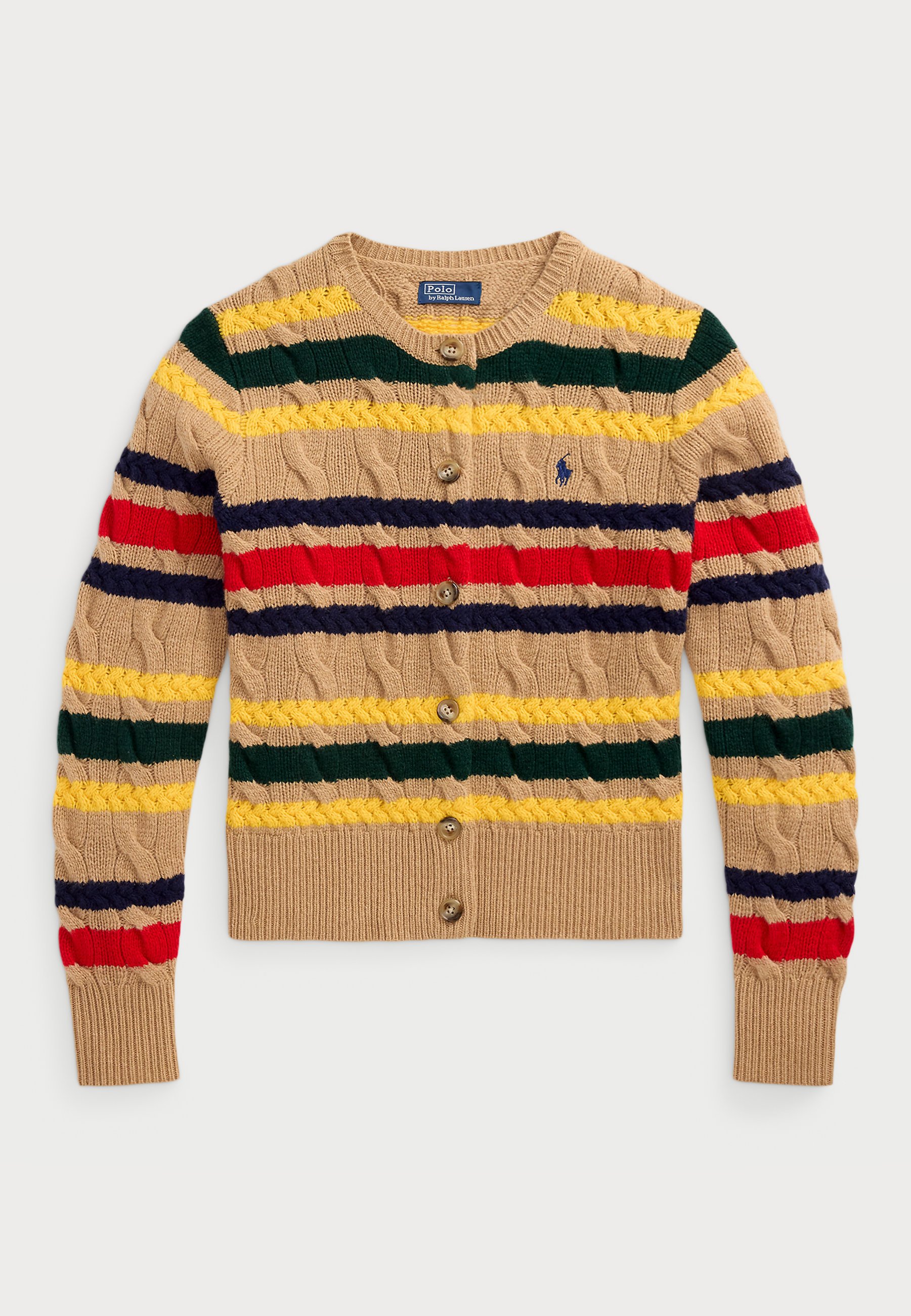 Polo Ralph Lauren STRIPED CABLE WOOL CASHMERE CARDIGAN - Jopica - camel melange multi