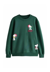 Zöld pamut pulóver, Snoopy grafikával, aki mikulás sapkát visel, bordázott kerek nyakkivágással és gumis mandzsettával.