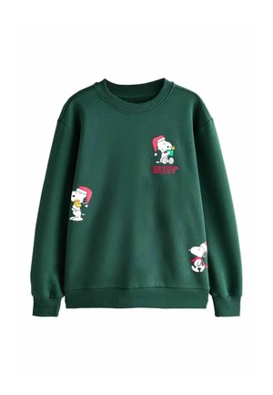 Vihreä puuvillahuppari, jossa on Snoopy-kuvat joulupukin hatun kera, ribbauskaulus ja joustavat hihansuut.