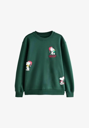 Green cotton sweatshirt featuring Snoopy graphics wearing a Santa hat, ribbed crew neckline, and elastic cuffs.